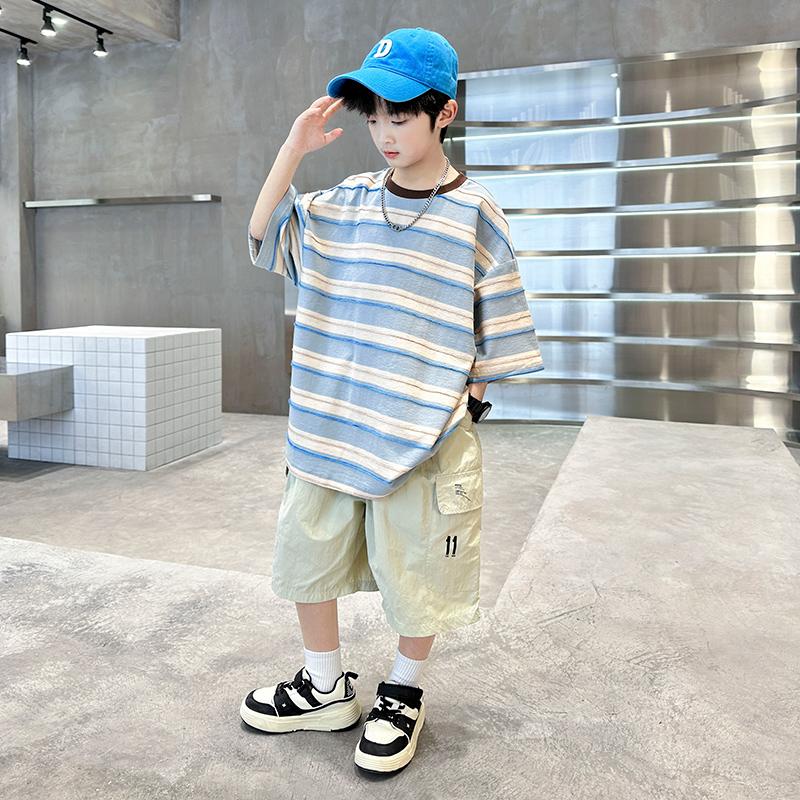 Boys' Summer Striped Short Sleeve Set 2026 New Large Children's Summer Clothes Handsome and Fashionable Trendy Boys' Summer Clothes