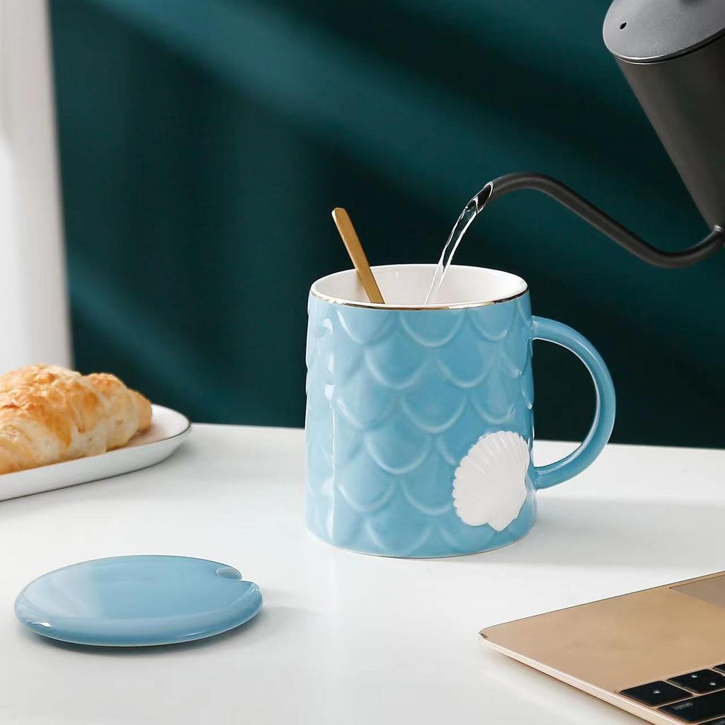 Creative Shell Ceramic Cup with Lid Spoon Small Fresh Afternoon Tea Coffee Mug Household Water Cup Large Capacity Cup
