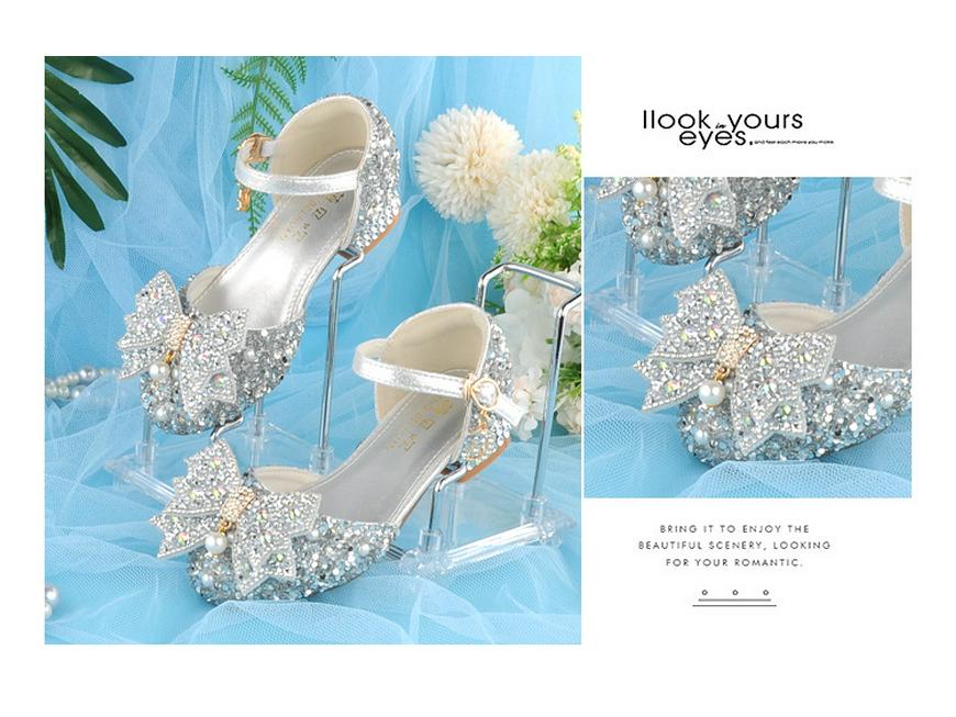 New Arrival: Girls' Crystal Bow High Heels - Shiny Princess Shoes for Piano Performances, Leather Material