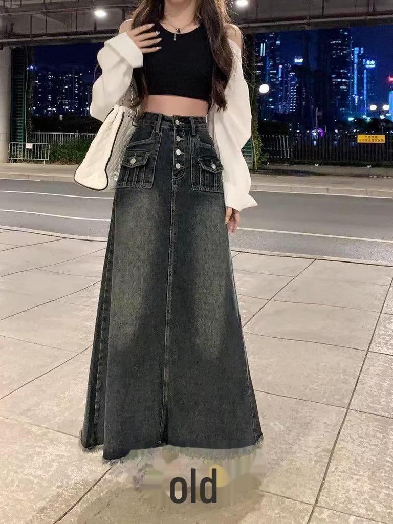Women's High Waist A-Line Denim Skirt for Spring/Autumn 2024 with Raw Edge Detailing