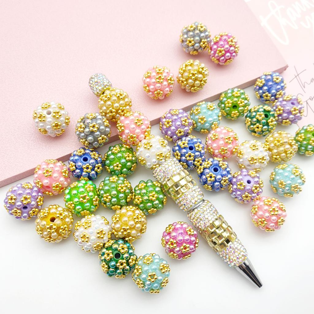 51324 100pcs/bag Gold Flower Uv Plated Beads Plastic Acrylic Beads for DIY Beaded Pens Making Phone Charm Craft Supplies 20mm
