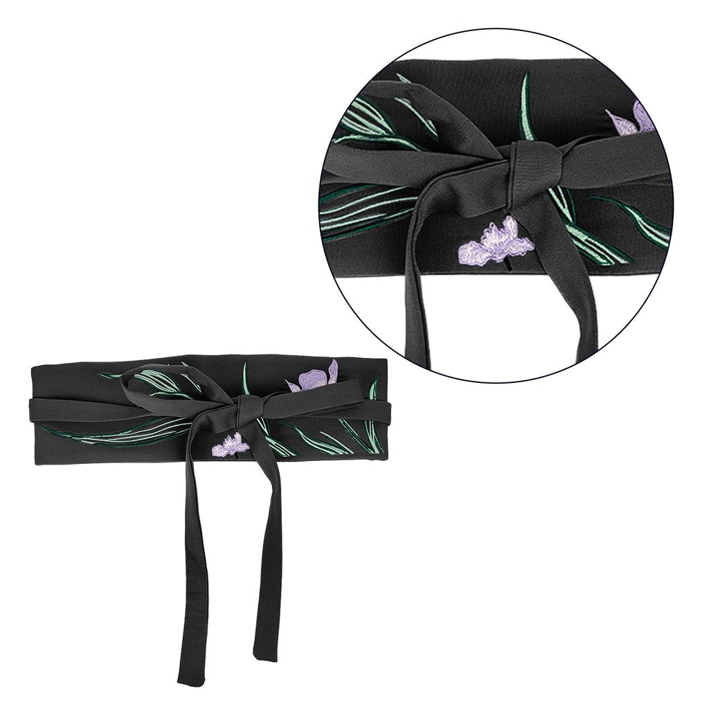 Chinese Mamianqun Hanfu Clothing Waistband with Embroidery Wide Tie Belt with Orchid Flower Pattern for Mamianqun