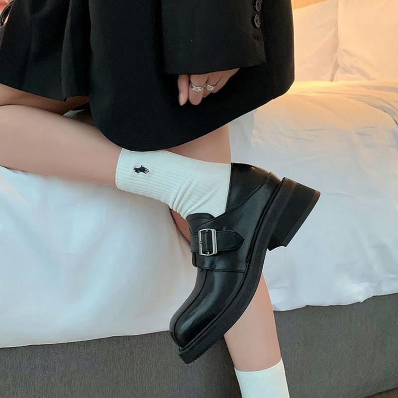 Fashion Women's New Leather Cowhide Round Toe Mid Heel Metal Belt Buckle College Style Single Shoe Thick Sole Retro Casual Shoes