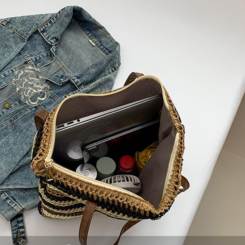 Women Fashion Striped Summer Beach Straw Knitting Shoulder Bag Handwoven Handbags Portable Large Capacity Casual Tote CLE