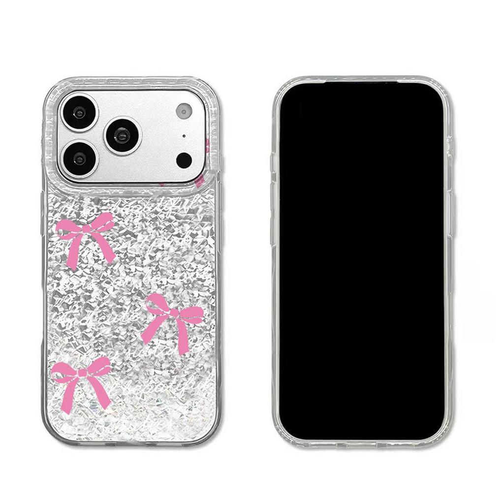 Чехол для iphone XS Max 15 14 Air 11 13 12 XR 18 Pro Max 17 Pro 16 Plus Серебристый Блеск Трескающийся Фон Английский Бант