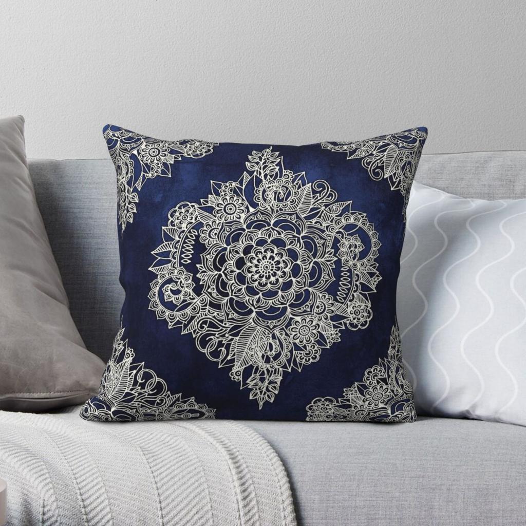 Cream Floral Moroccan On Indigo Square Pillowcase Polyester Linen Velvet Pattern Zip Decorative Home Cushion Cover