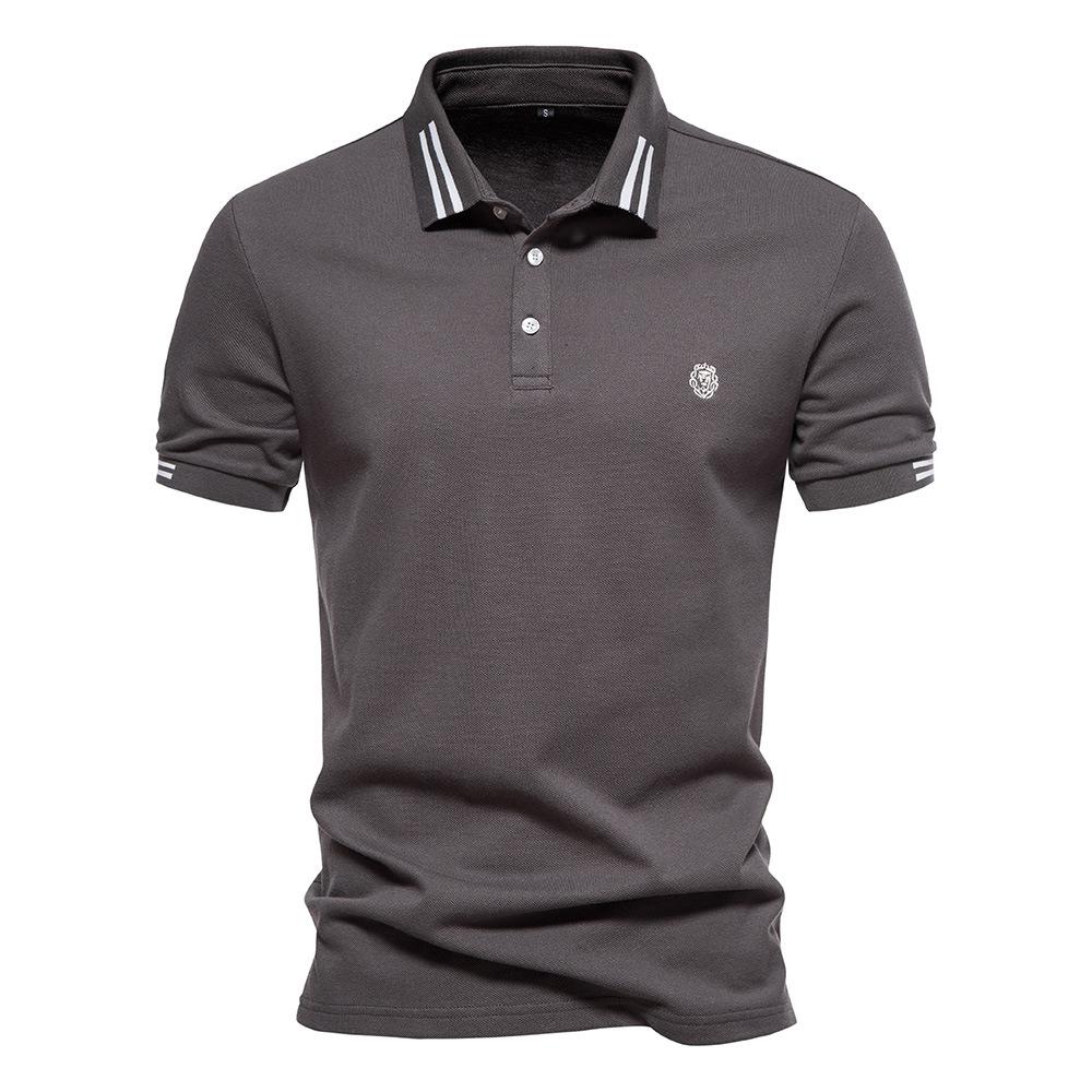 Summer New Lapel European Size Striped Decorative Cotton Polo Shirt Embroidered Casual Men'S Solid Color Short-Sleeved Top