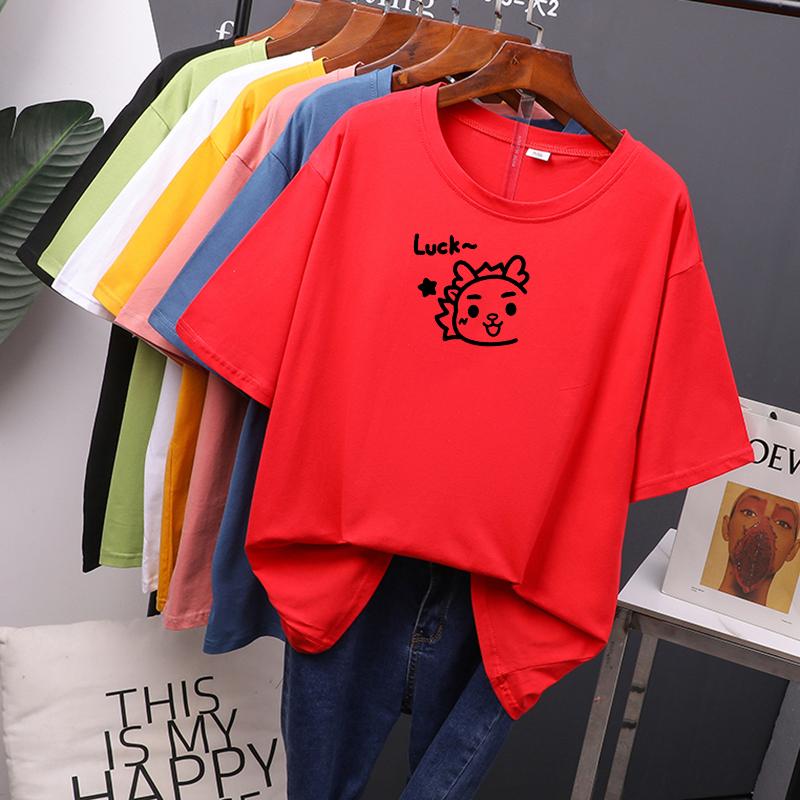 Женские хлопковые летние футболки больших размеров «Luck», милая свободная футболка с принтом, мягкий женский джемпер, топ