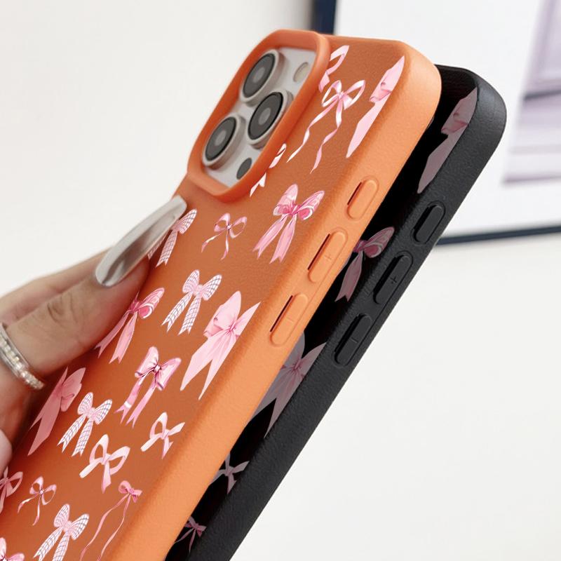 Мягкий чехол из ТПУ с текстурой из кожи для iPhone 16 Pro Max 15 Pro 14 13 12 11 с розовым бантом и узором, противоударный матовый чехол-бампер