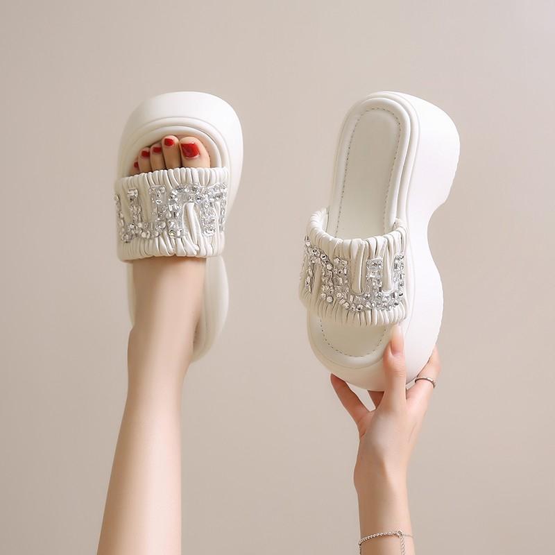 Fashion 2024 Summer New Fashion Open Toe Thick Sole Leather Women's Slippers Casual Brand Design Beach Party Dress Women's High Heels