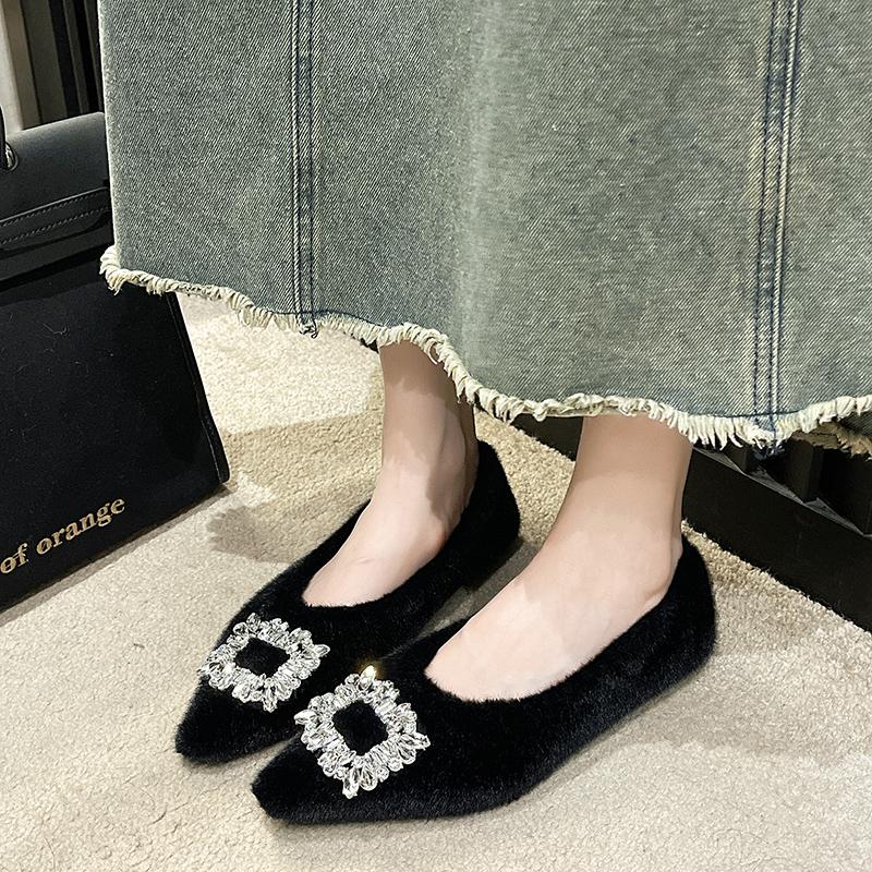 Low-heeled Diamond Furry Shoes for Women, New Winter Fashion Pointed Toe Shoes Warm Shallow-mouthed Women's Shoes