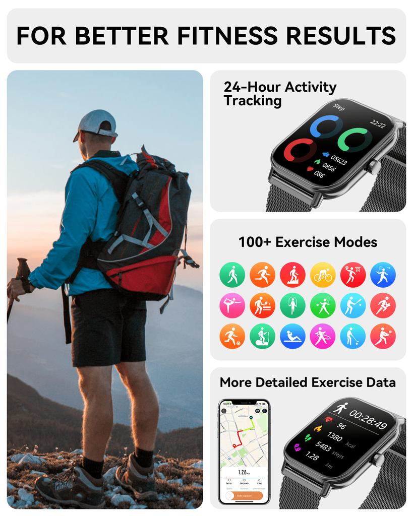 Умные часы, женские и мужские, фитнес-трекер с диагональю 1,85 дюйма, функцией ответа/вызова/напоминания о сообщениях, 100 спортивных режимов