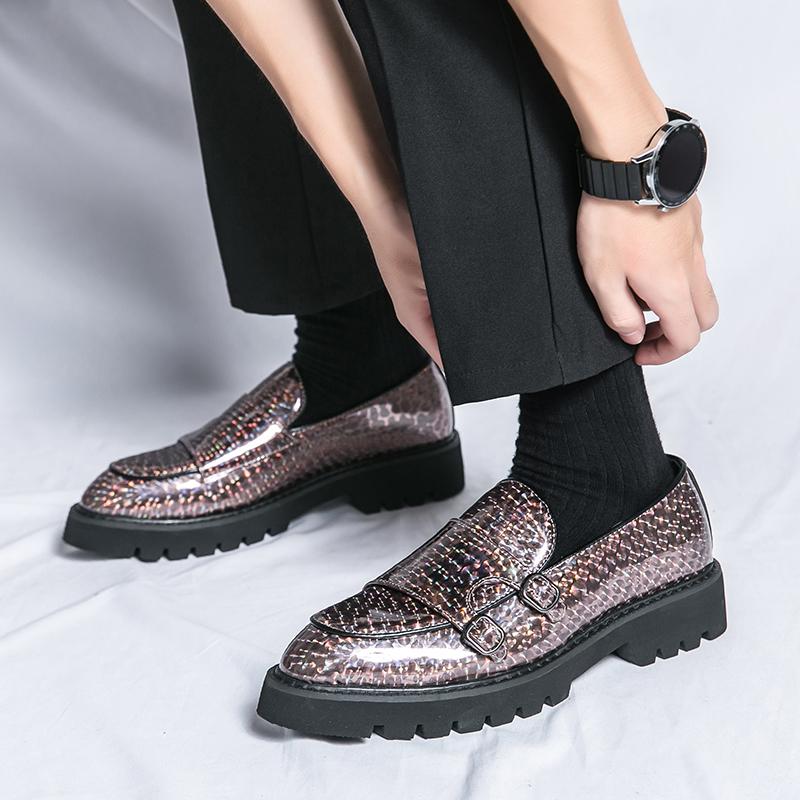 Мужские кожаные модные туфли золотистого цвета для вечеринок, свадеб, офиса, мокасины с двойной пряжкой, туфли-оксфорды на толстой подошве для бизнеса и отдыха