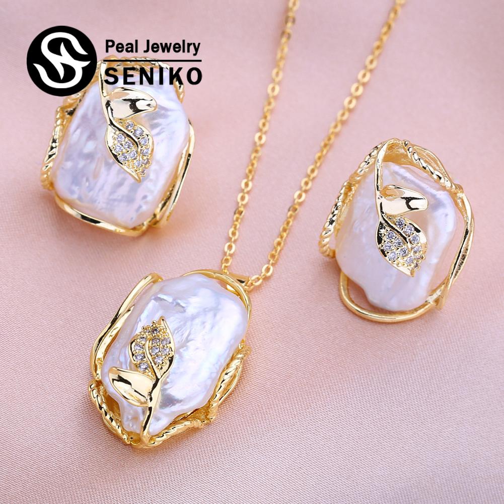 SENIKO Fashion Leaf Baroque Pearl Necklace Earings Freshwater Pearl Jewelry Sets For Women Freshwater Pearl Necklace Pearl Earrings