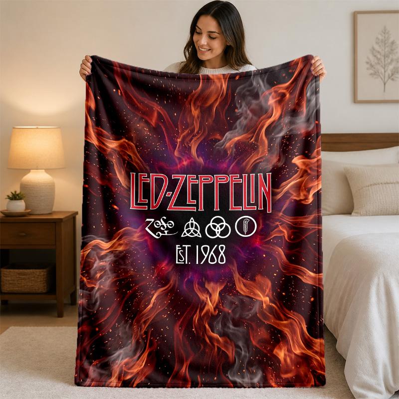 Led Zeppelin Print Flannel Blanket Cozy Lightweight Plush Throw Blanket For Bed Sofa Household Use