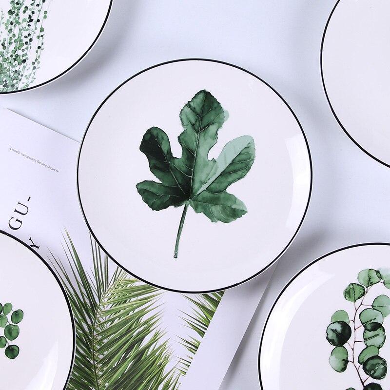 Nordic Creative Round Green Plants Porcelain Dinner Plate 8 Inch Tableware Ceramic Dessert Steak Plate Dinnerware Cake Dish