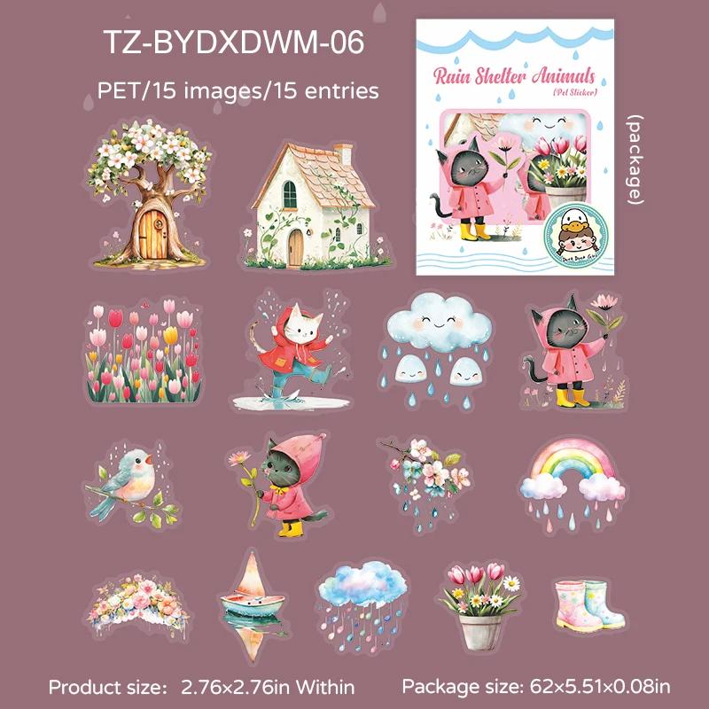JIANWU Rain Shelter Animals Series Kawaii Flower Rain Bow Landscape Material Collage PET Sticker Creative DIY Journal Stationery
