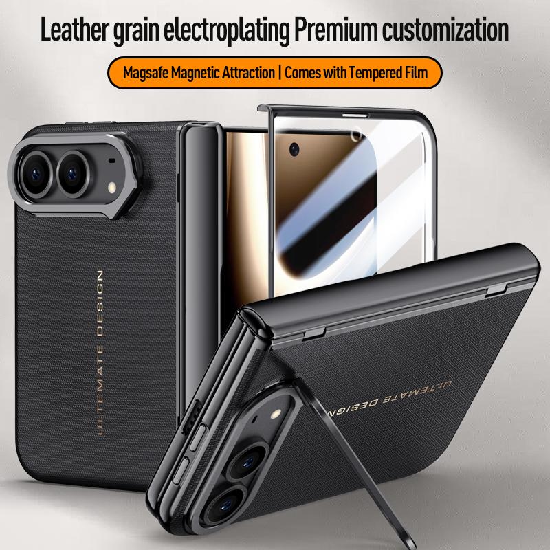 For iPhone Duo Case Electroplated Matte Leather Folding Hinge With Tempered Film Lens Bracket Shockproof Back Case Accessories