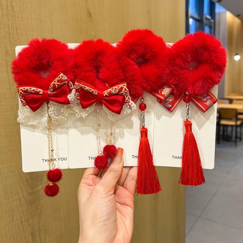Tang Suit Children's New Year Headwear Hanfu Headwear Red Bow Hair Ring New Year Hair Rope  Kids