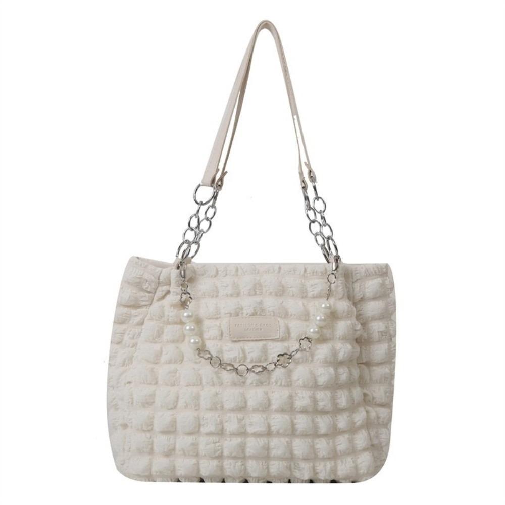 Beaded Pleated Tote Bag Korean Style Large Capacity Plaid Handbag Solid Color Dumplings Bag Bubble Cloud Bag Office Worker