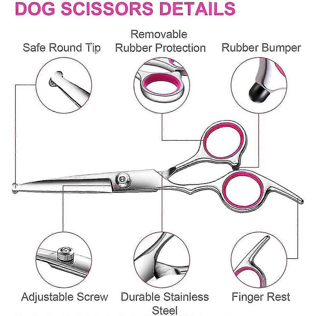 Dog Grooming Scissors Kit With Safety Round Tip, Stainless Steel Professional Dog Grooming Scissors Set For Long And Short Hair Of Dog Cat Pets