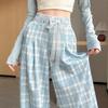 Кружевные брюки свободного кроя с широкими штанинами в корейском стиле для женщин Весна/Лето Синие клетчатые длинные брюки Ленивые облегающие повседневные брюки
