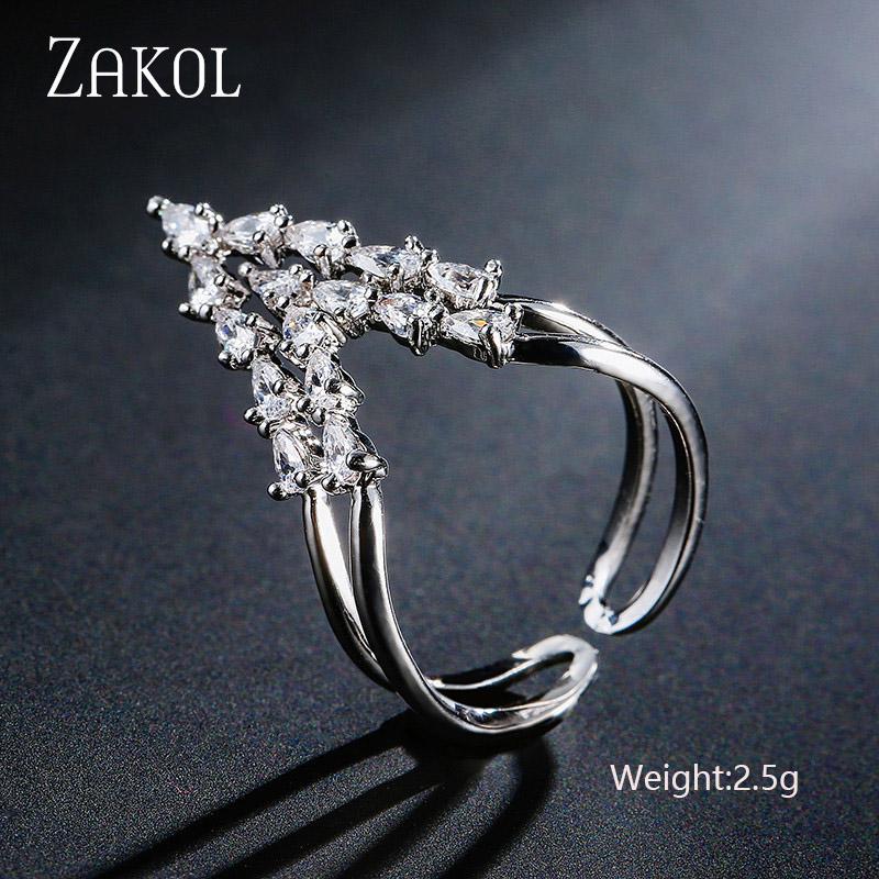 ZAKOL Fashion White Zirconia Leaf Open Rings for Girl Trendy Crystal Wing Finger Adjust Ring Party Women Jewelry