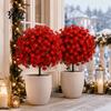 Decorative Faux Flowers for Dining Table Christmas Artificial Poinsettia Flower Topiary Tree, Fade Resistant Bush with Spike, Realistic Vivid