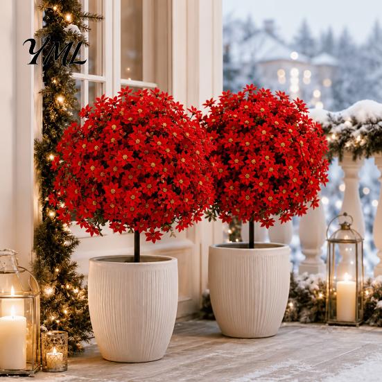 Decorative Faux Flowers for Dining Table Christmas Artificial Poinsettia Flower Topiary Tree, Fade Resistant Bush with Spike, Realistic Vivid
