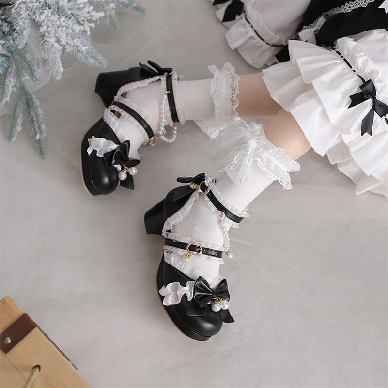 Женские туфли-лодочки в стиле Лолиты с ремешком на щиколотке, женская обувь в стиле каваи на платформе с круглым носком, на толстом среднем каблуке с пряжкой и бантом из бисера, весенне-осенняя женская обувь