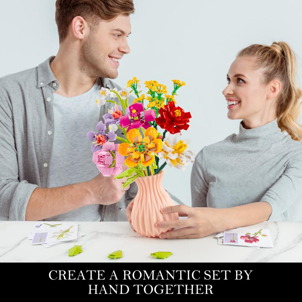 Нетоксичный букет из искусственных цветов из 756 деталей, конструктор с вазой, пластиковые цветы-кирпичики для поделок, детские игрушки, подарок для детей, украшение для дома