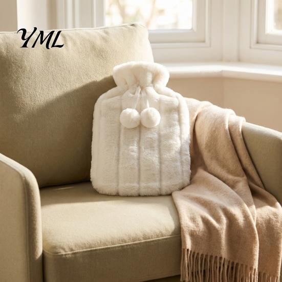 Explosion Proof Hot Water Bag 2L Bottle with Plush Cover, Pompom Drawstring Portable Bag, Winter Warm for Hands, Feet, Stomach