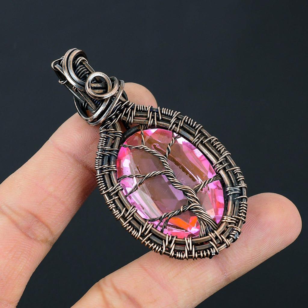 Древо жизни Кунцит Драгоценный камень ручной работы из чистой медной проволоки Ювелирный кулон на День памяти