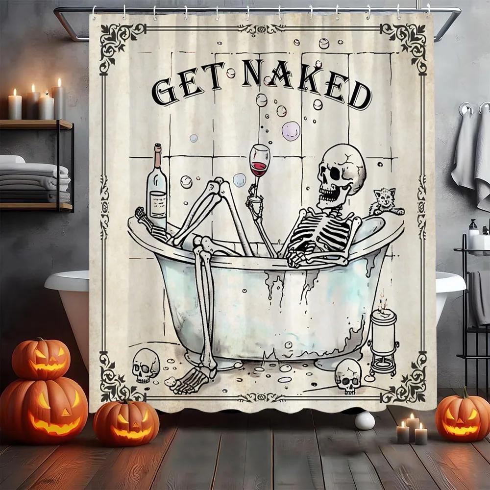 Gothic Skull Skeleton Shower Curtain Halloween Vintage Spooky Funny Black Rose Bone in Bathtub Retro Floral Unique Bathroom Deco