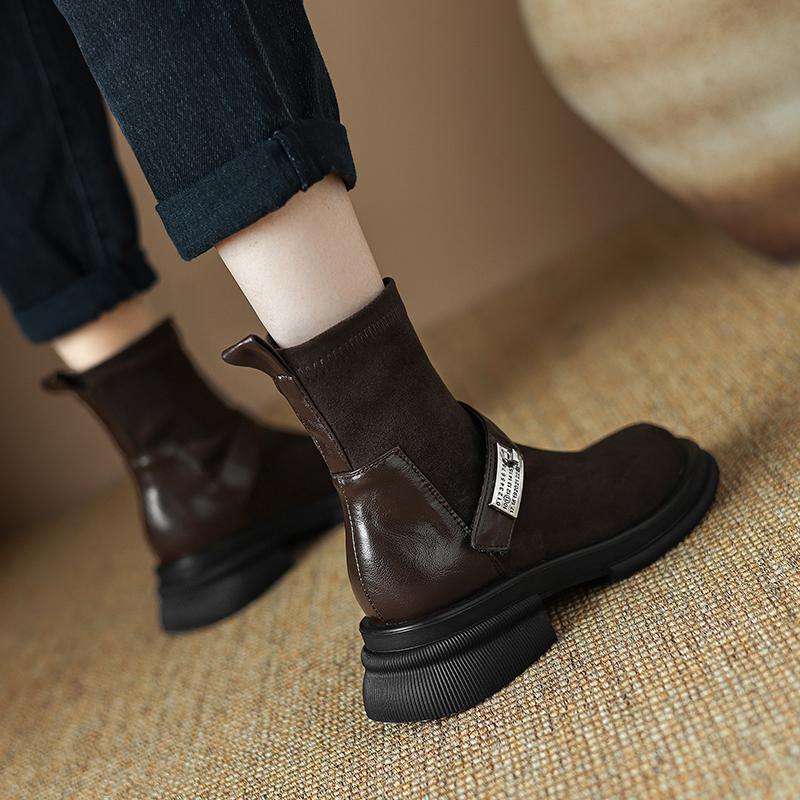Krazing Pot Flock Autumn Winter Shoes Vintage Thick Heels Western Boots Metal Decoration Slip On Round Toe Keep Warm Ankle Boots