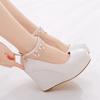 Fashion 10.5 CM White Round Head Ankle Strap Platform Wedges Women Pump High Heels  Dress Shoes Tassel Beaded Size 41 42 43