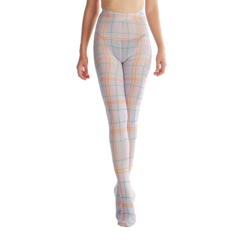 Women Sexy Tights Socks Translucent High Waist Pantyhose Plaids Print Silk Stockings Colourful Plaids Printing Stockings