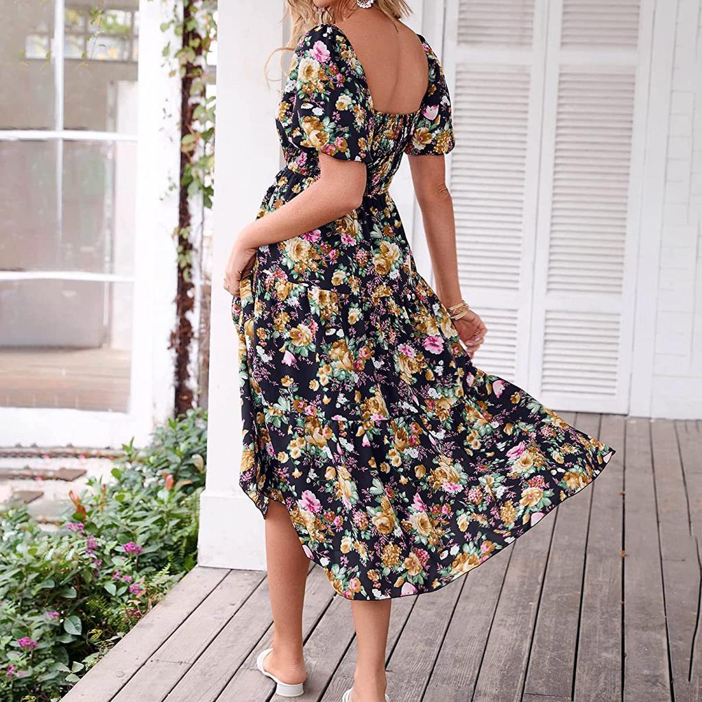 Женское модное платье с квадратным воротником и цветочным принтом, высокой талией, полым пузырем и короткими рукавами, плиссированное платье с принтом сзади