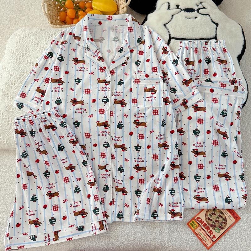 Мультяшный Дачхунд в горошек и полоску Женский пижамный комплект - С коротким рукавом, в корейском стиле, Домашняя одежда из трех предметов.