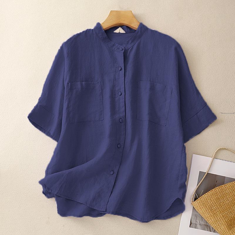 Летняя хлопковая льняная рубашка больших размеров со свободным воротником для женщин