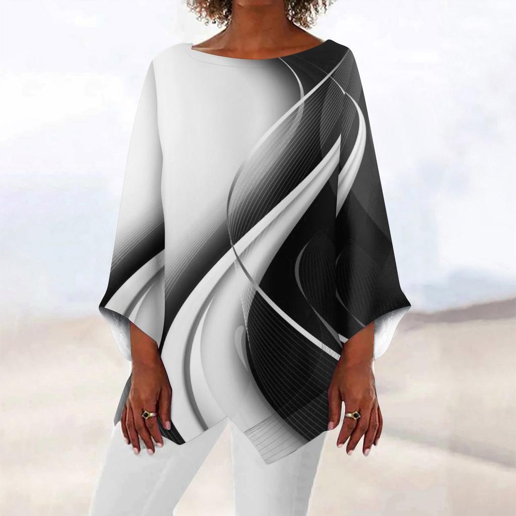 Жен. Рубашка Блуза Графика Бабочка Асимметричный принт Длинный рукав На каждый день Повседневные Классический Круглый вырез Футболка Верх