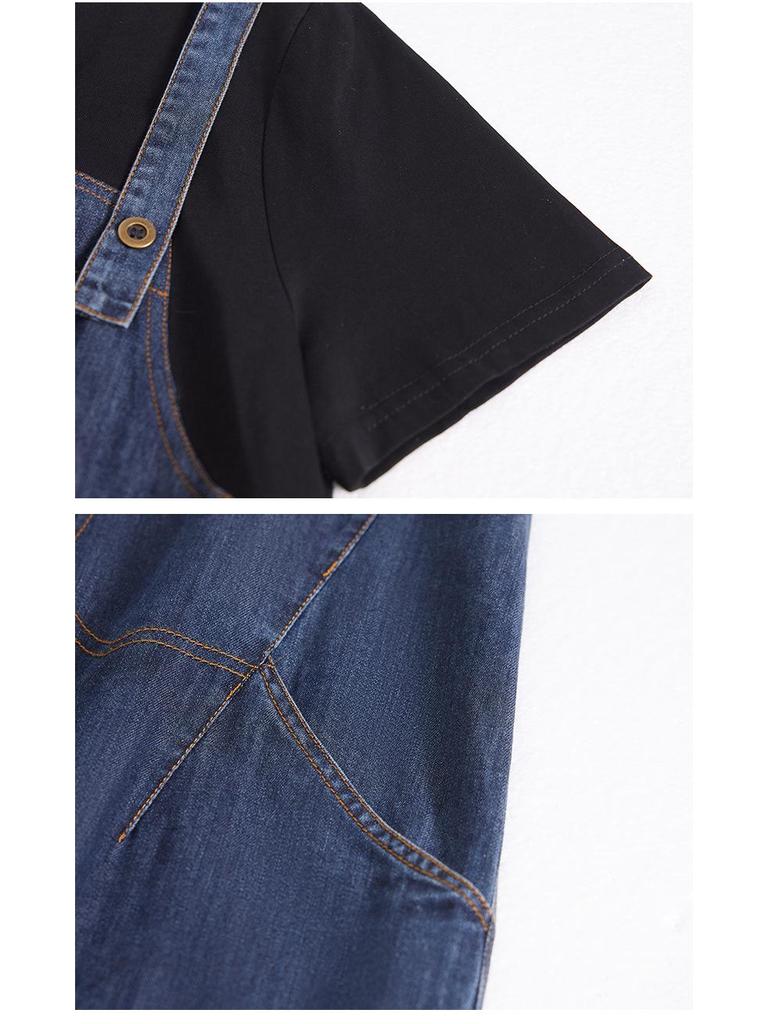 Женское повседневное джинсовое платье из двух частей в стиле пэчворк - 2025 лето, большие размеры, шикарный стиль для мам среднего возраста