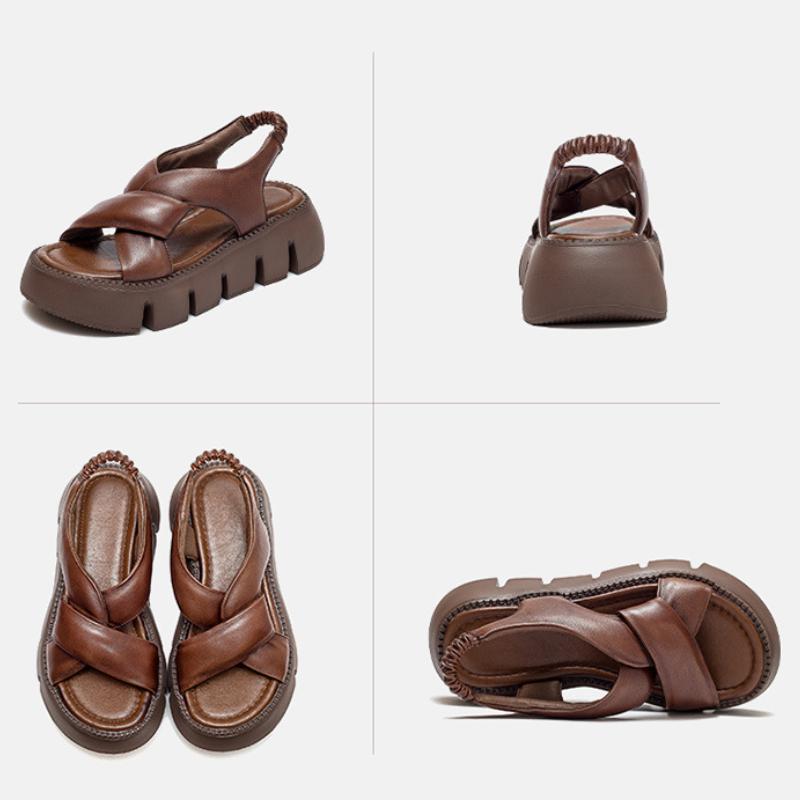 Johnature Summer 2023 New Retro Thick Soled Breathable Romand Sandals Genuine Leather Peep Toe Comfortable Women Platform Shoes