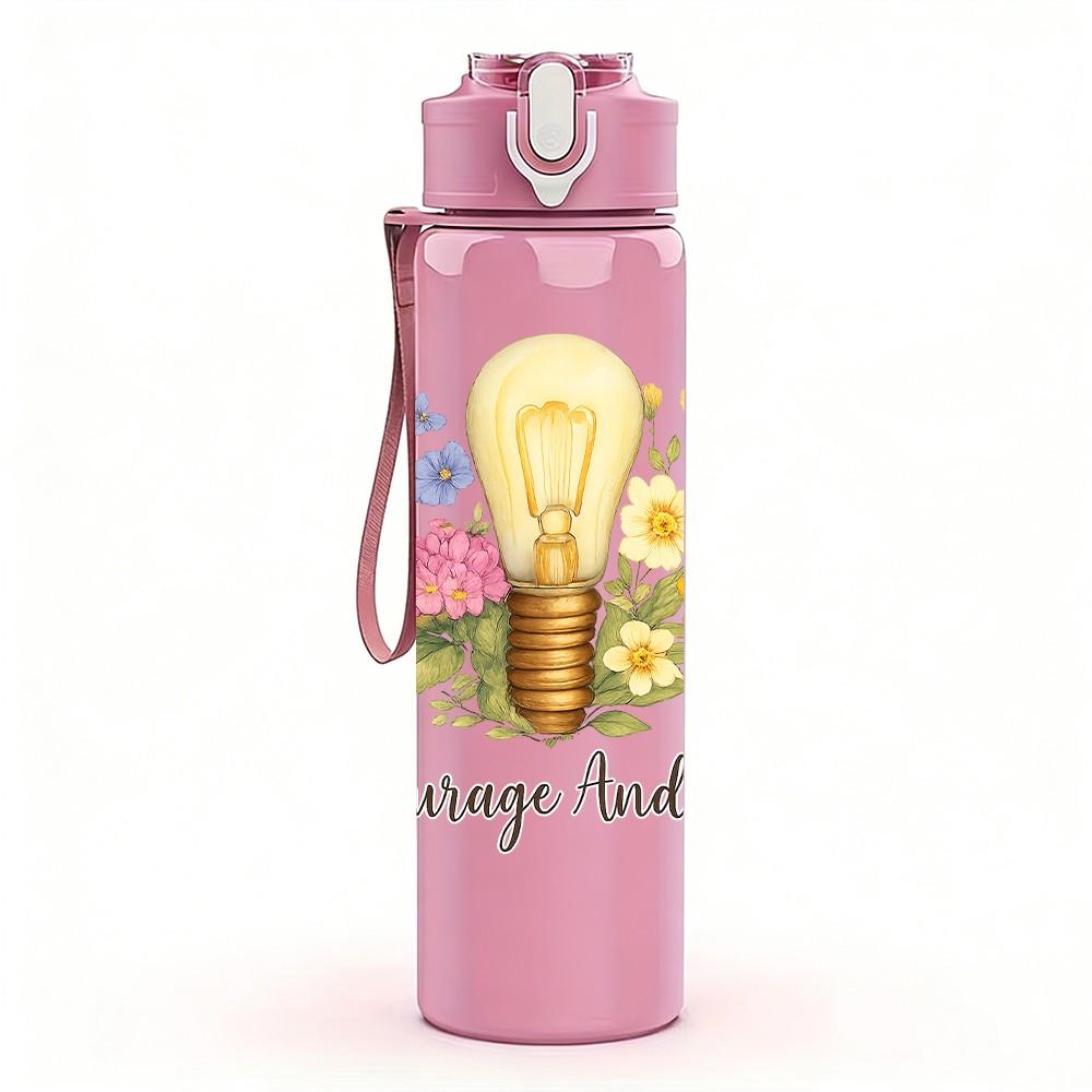 1PC Flower Light Bulb Quote Art 750ml Color Plastic Sports Water Bottle Leakproof Flip Straw Lid Suitable for Sports Office Home Use