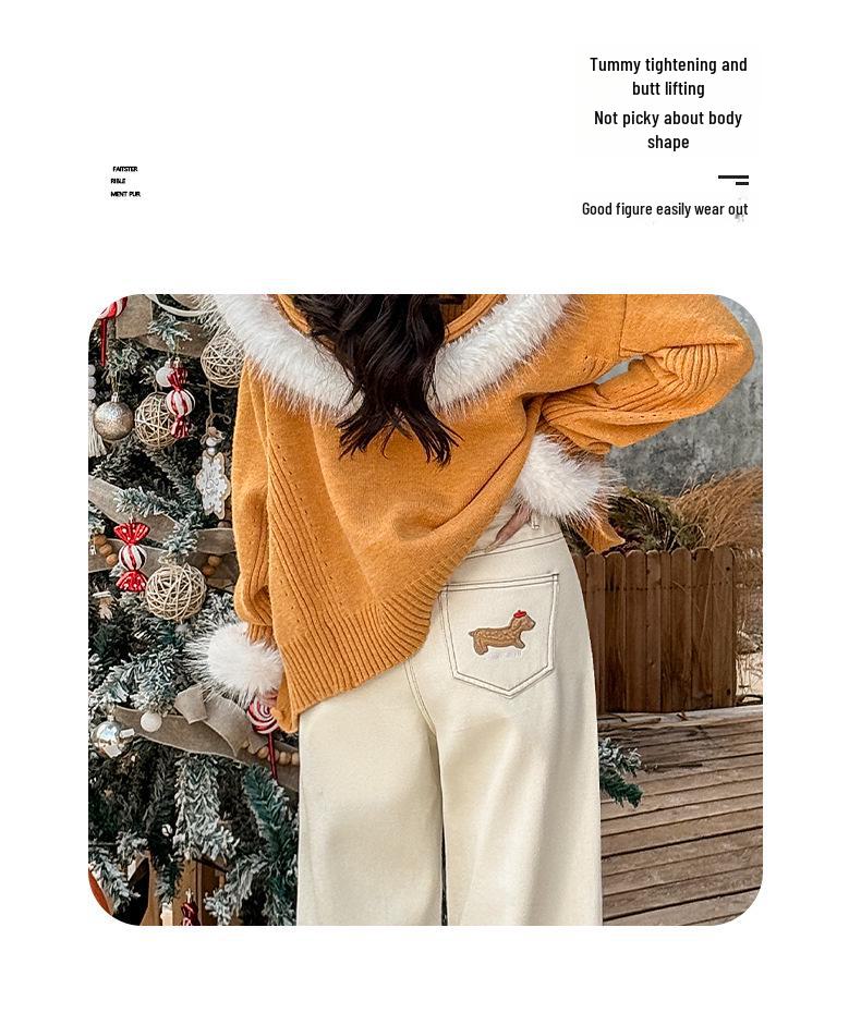 Модные женские джинсы с высокой талией и вышивкой из бархата с широкими штанинами для зимы 2025 года