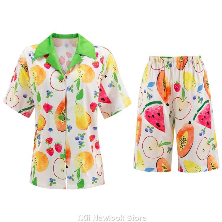 Летний чувственный комплект пижамы с короткими рукавами из ледяного шелка с принтом + комплект с длинными рукавами