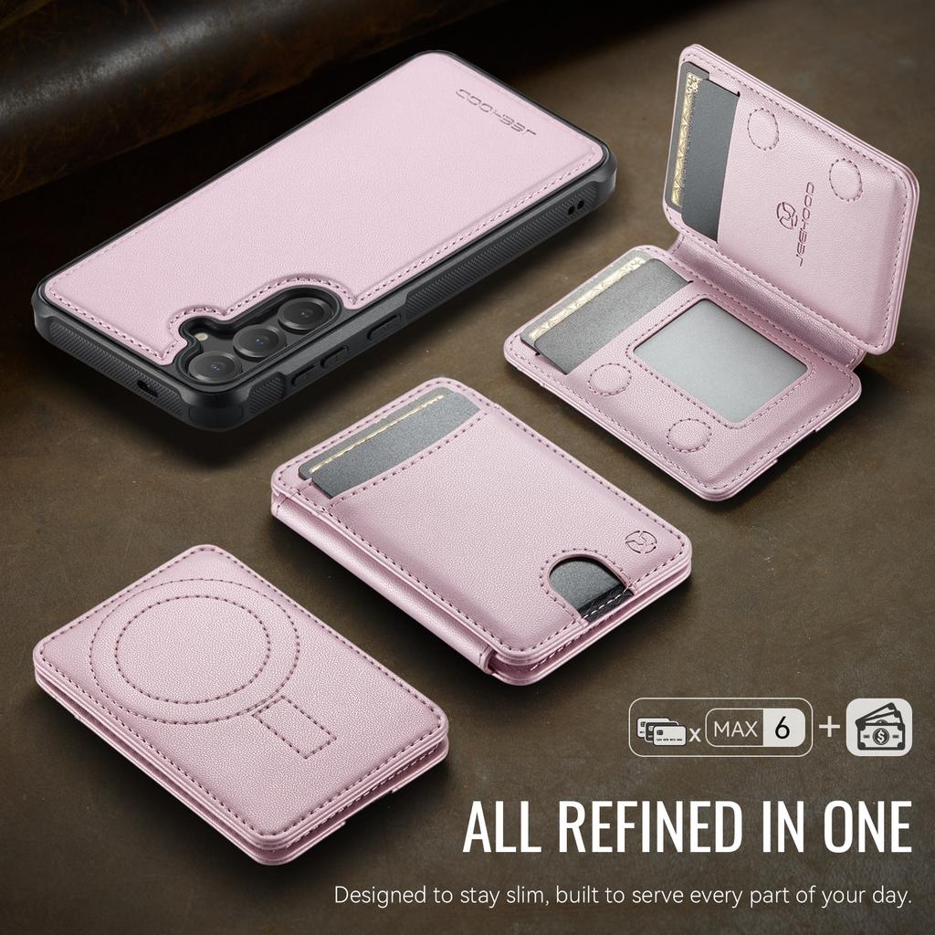 For Samsung Galaxy S25 Magnetic Case JEEHOOD J10 Leather Back Phone Cover with Detachable Card Holder Kickstand