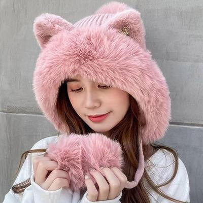 Зимние теплые вязаные шапки для женщин, симпатичные мультяшные кошачьи ушки, два шарика, шапка-ушанка, плюшевая, пушистая, теплая, утолщенная шапка-бини
