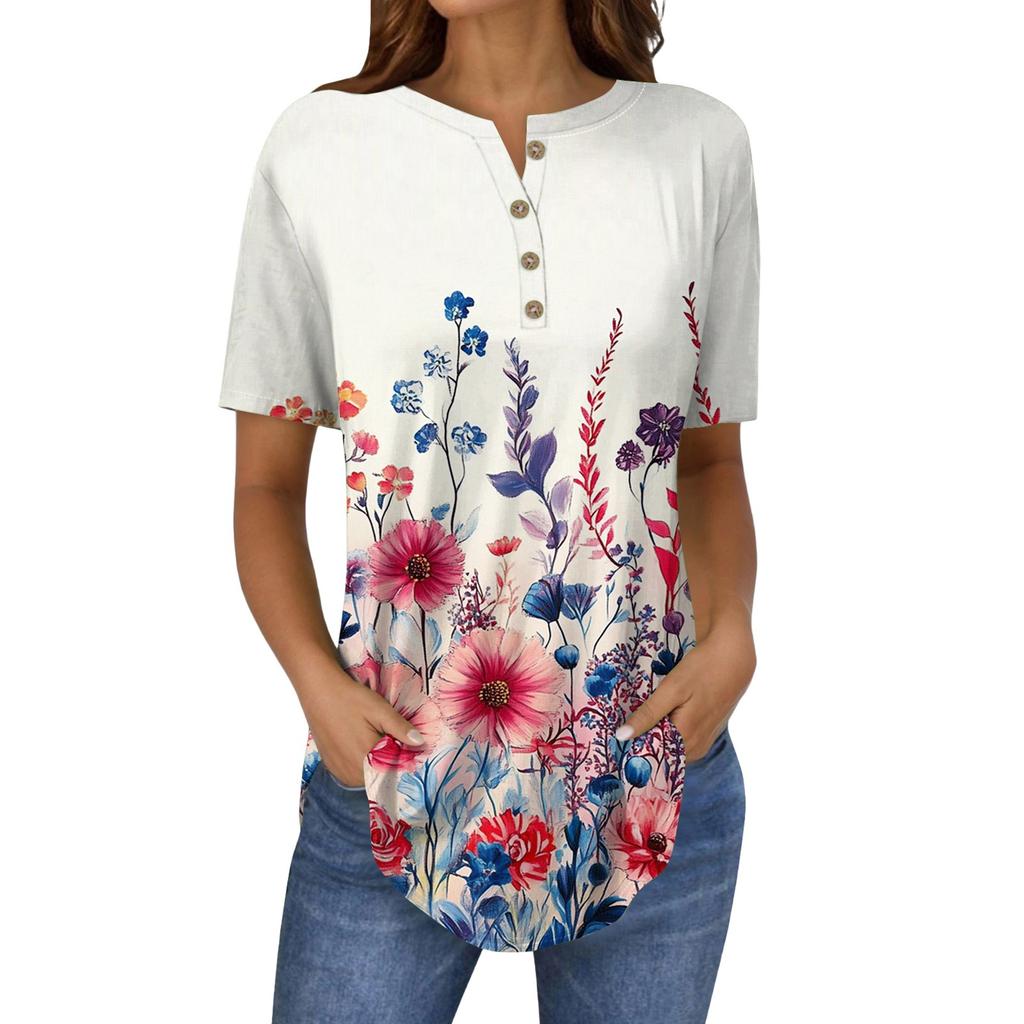Short Sleeve Womens Tops Summer T-Shirts Floral Print V Neck Casual Basic Tee Button Shirts Tunic Tops