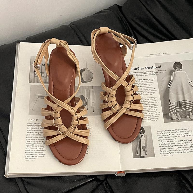 French Retro Style Round Head Elegant Thick Heel High Heel Single Shoes Summer Commute Cross After Strap Girls Roman Sandals